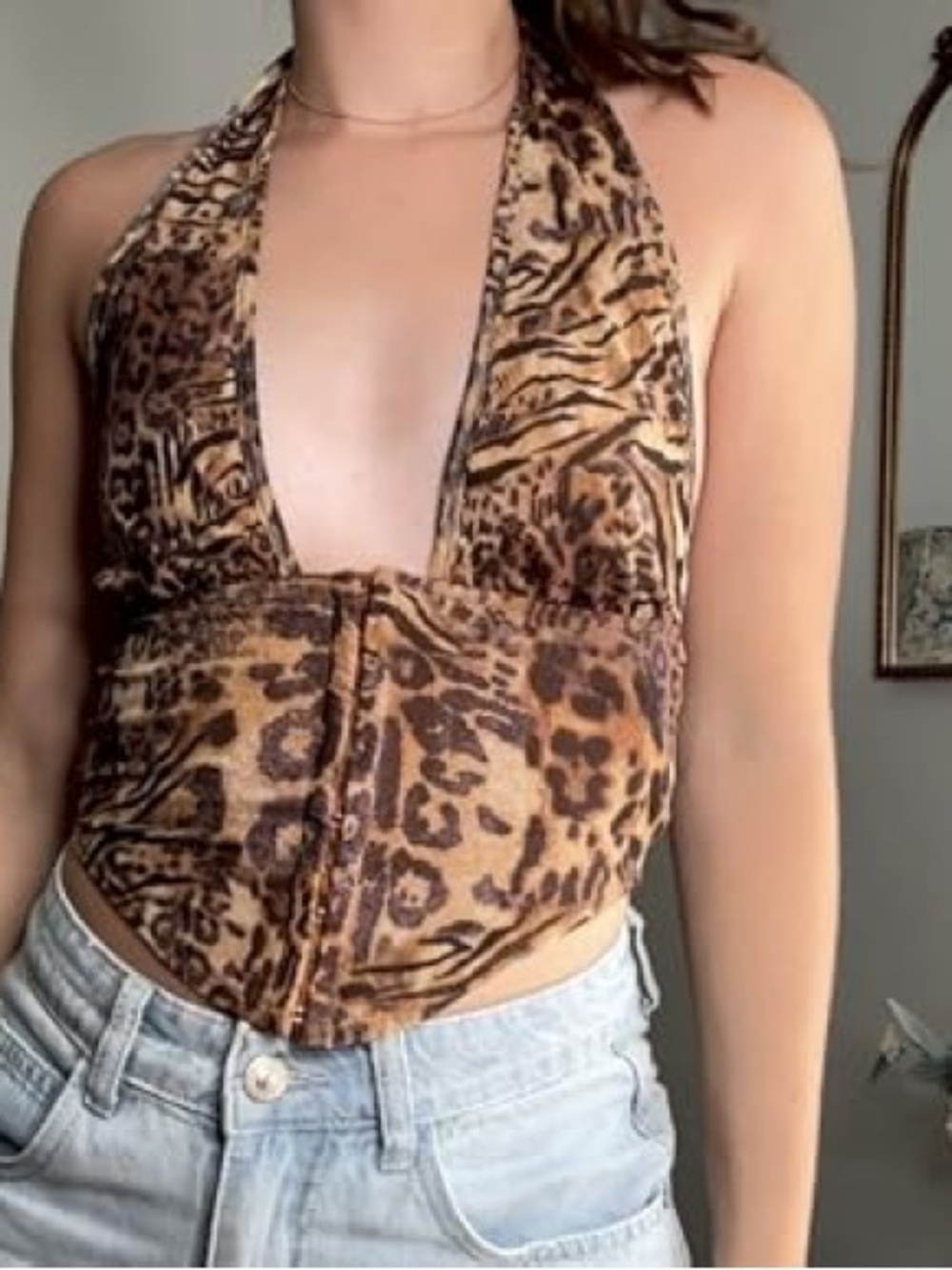 Make me chic size XS Leopard Print Halter Crop Top in Brown